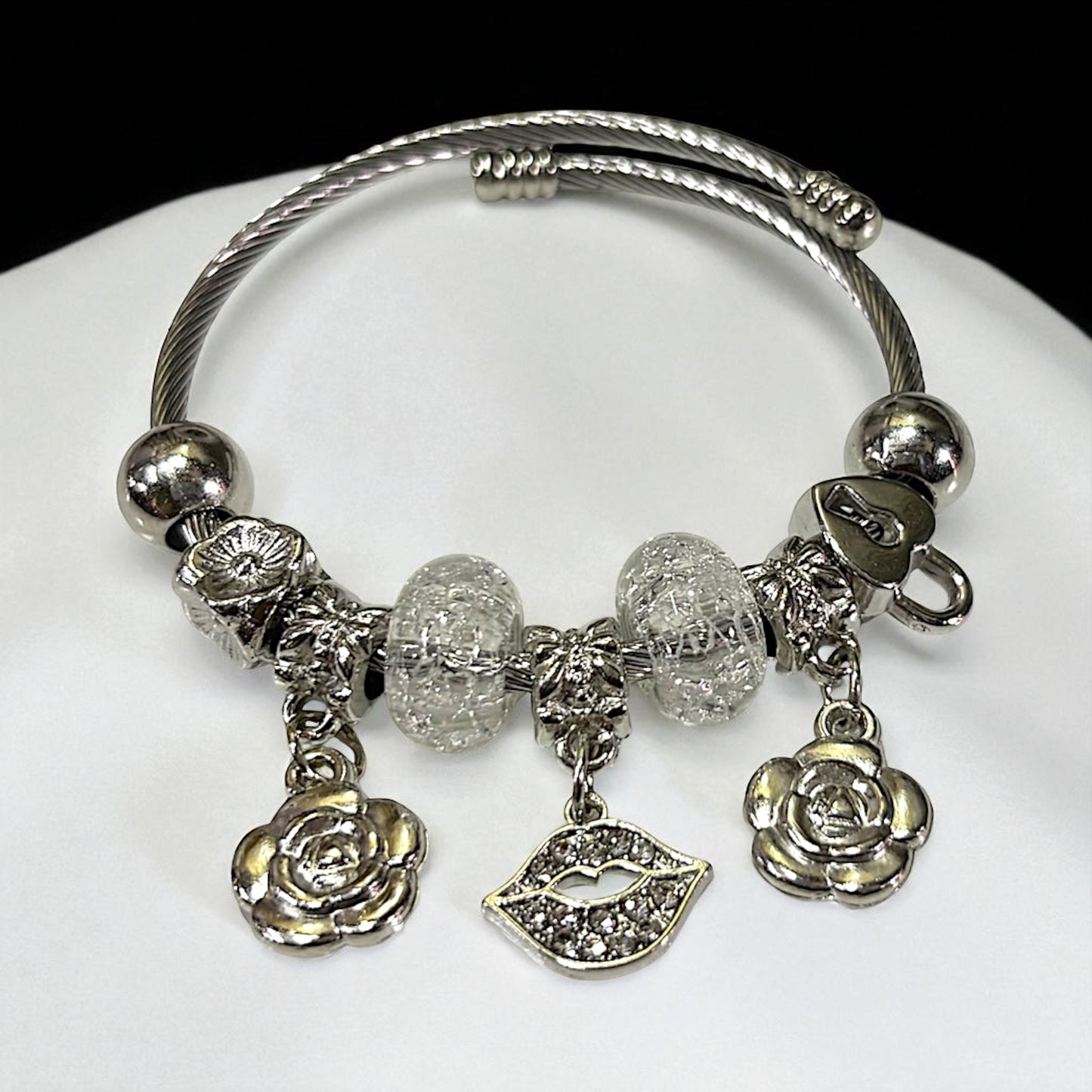 Stylish Silver-Tone Charm Bracelet with Floral & Lip Design