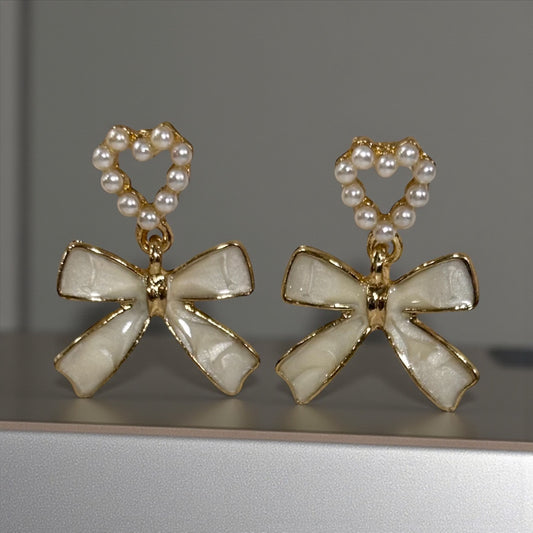 Pearl Heart and Bow Drop Earrings.