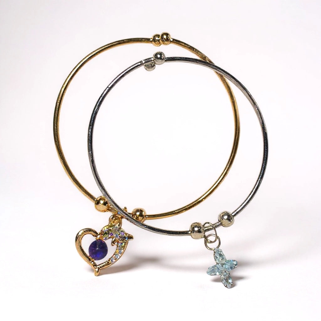 Two-Tone Heart and Cross Bangle Set