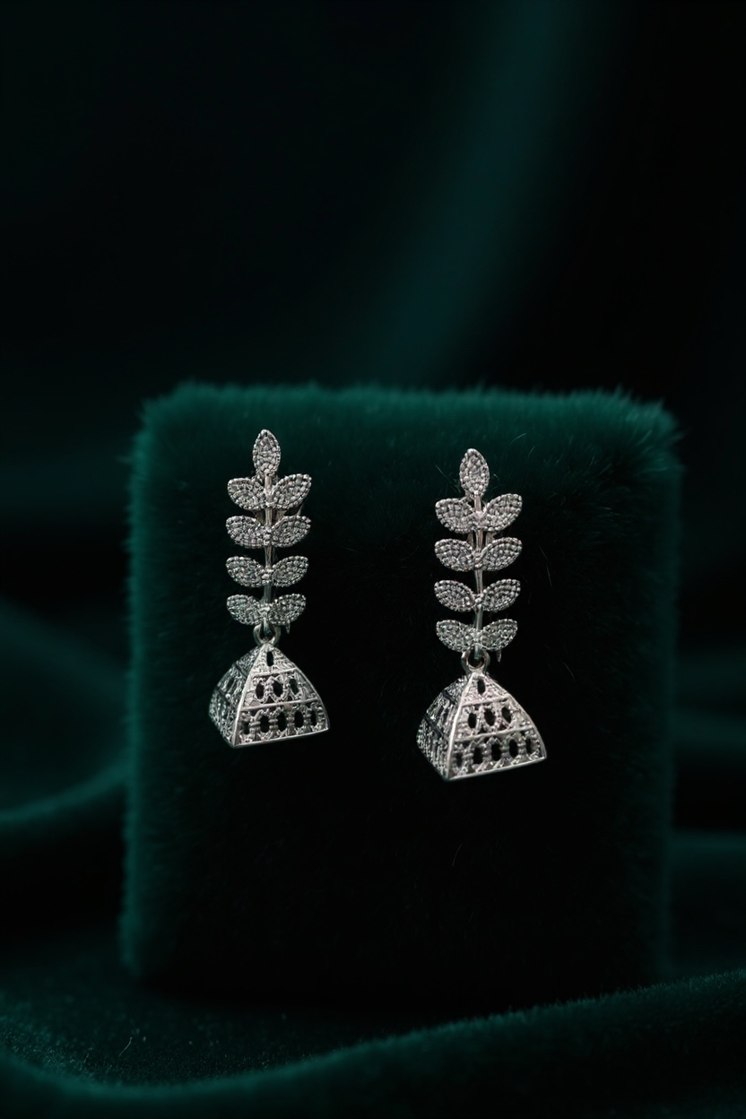 Rustic Oxidized Silver Leaf and Pyramid Dangle Earrings