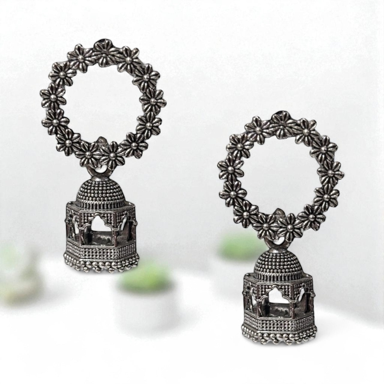 Traditional Temple Bell Dangle Earrings with Floral Hoop