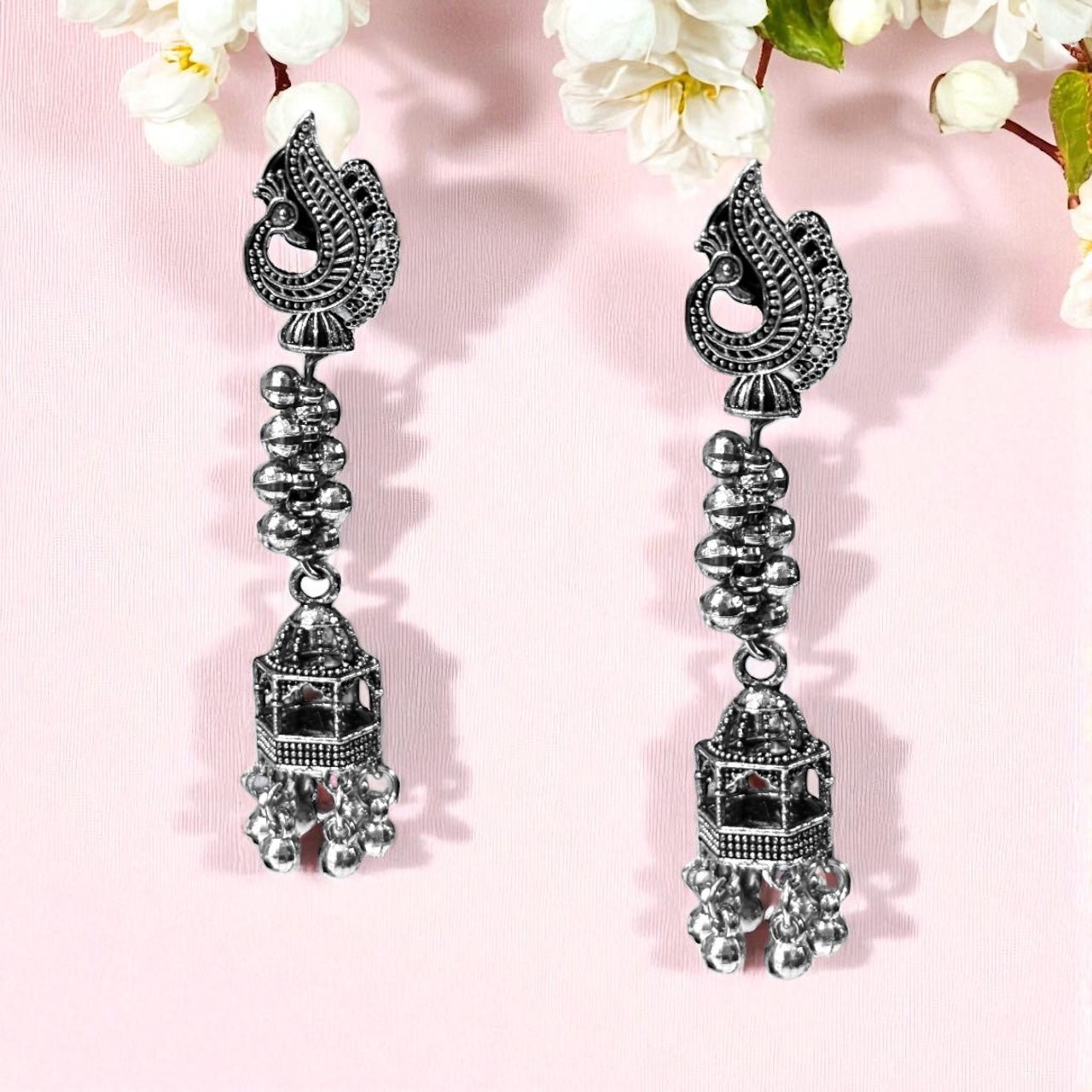 Long Ethnic Statement Earrings with Peacock Stud