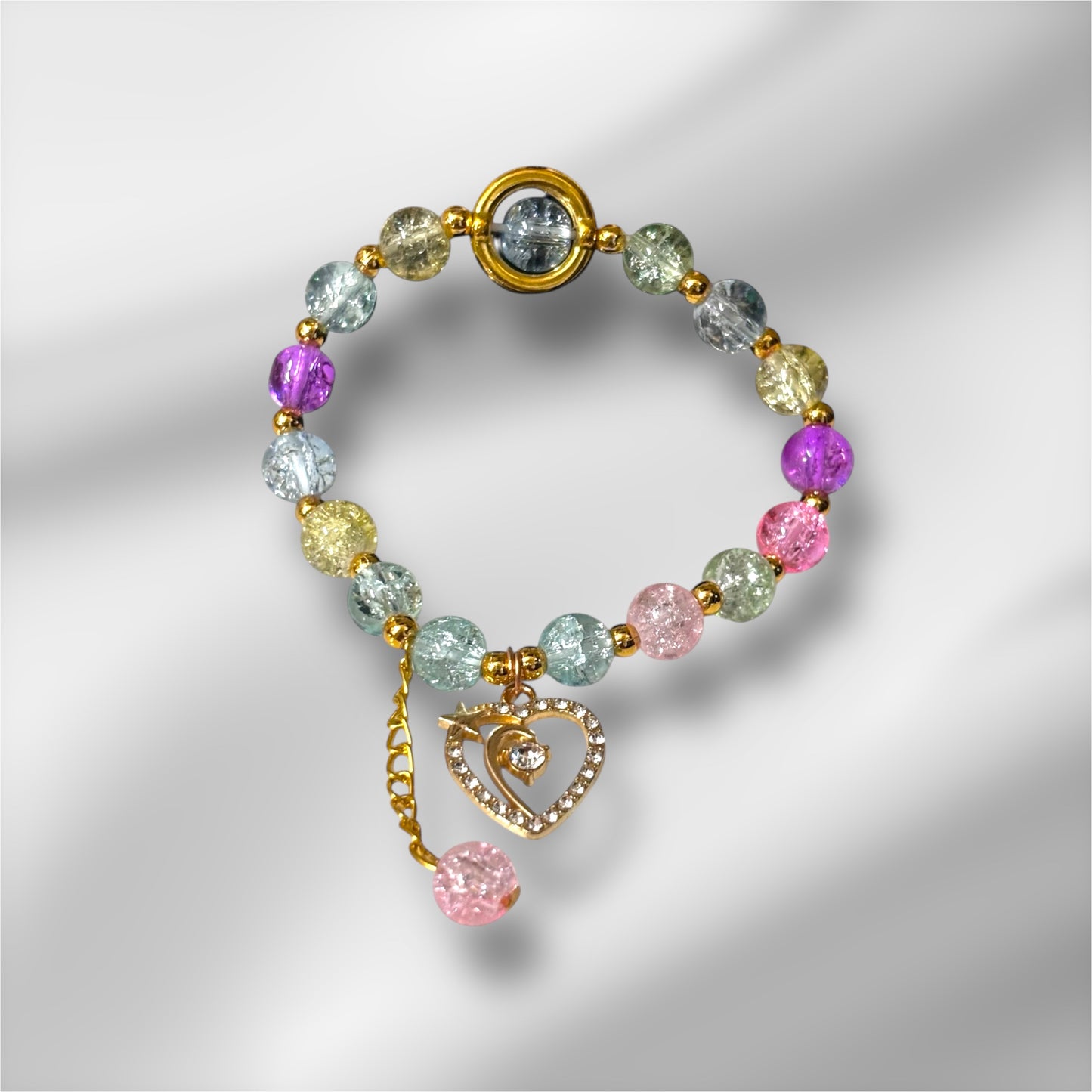 Pastel Crackle Bead Bracelet with Crystal Heart Charm