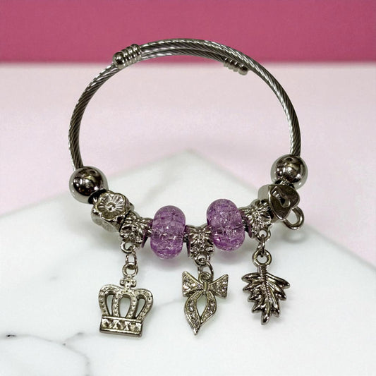 Trendy Silver-Tone Charm Bracelet with Crown, Bow & Leaf Charms