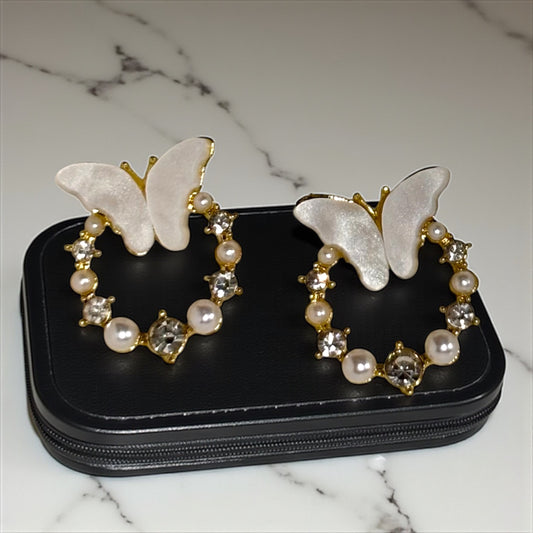 Butterfly and Pearl Hoop Earrings