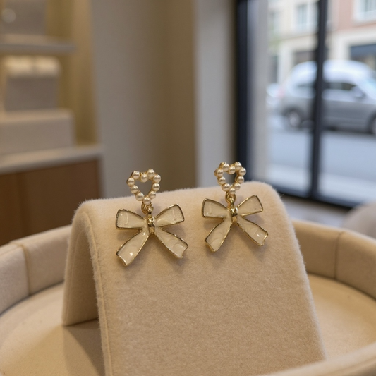Pearl Heart and Bow Drop Earrings.