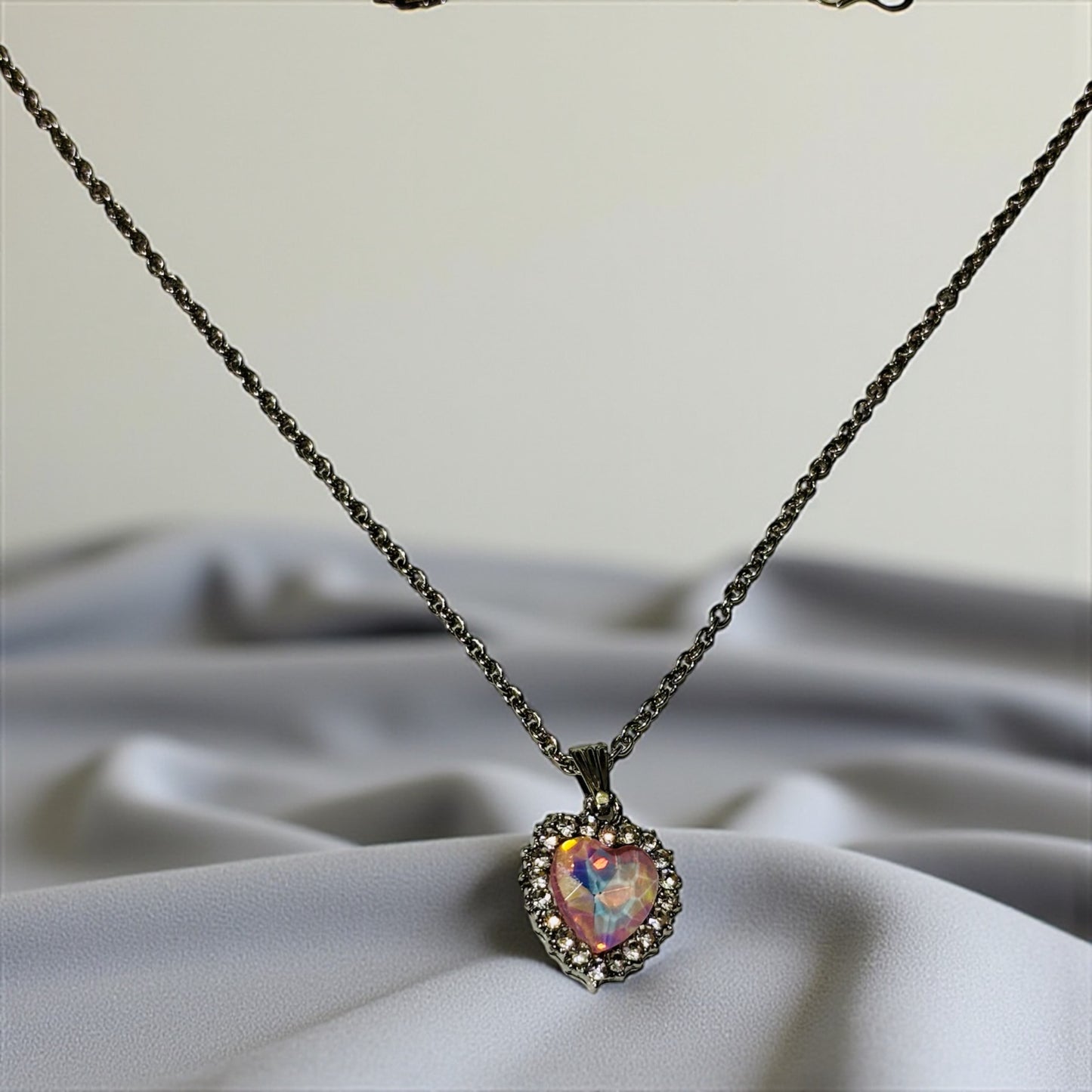 Dark Tone Iridescent Heart Pendant Necklace