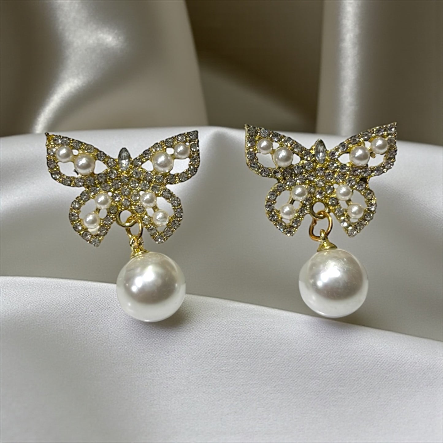 Crystal Butterfly and Pearl Drop Earrings