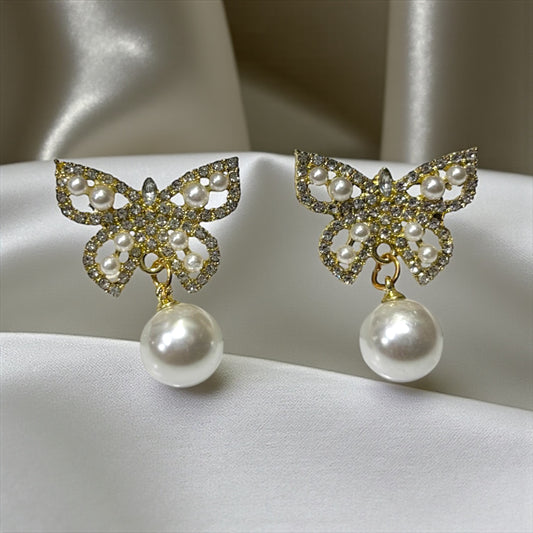 Crystal Butterfly and Pearl Drop Earrings