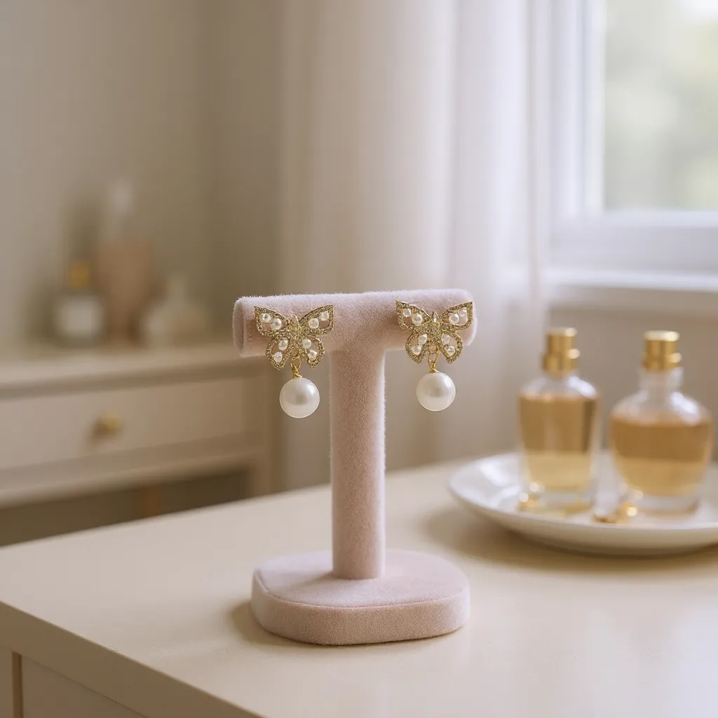 Crystal Butterfly and Pearl Drop Earrings