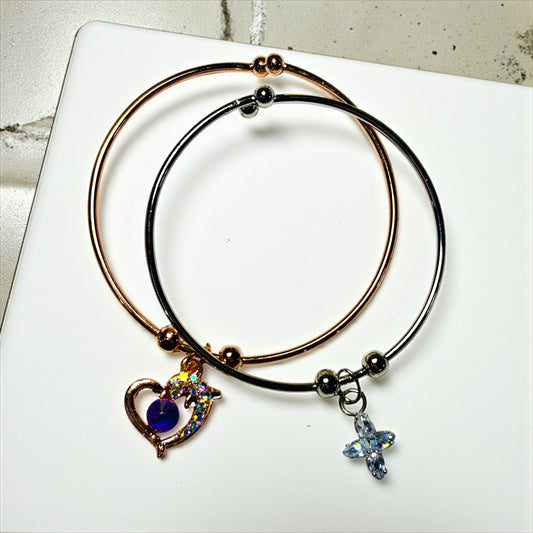 Two-Tone Heart and Cross Bangle Set