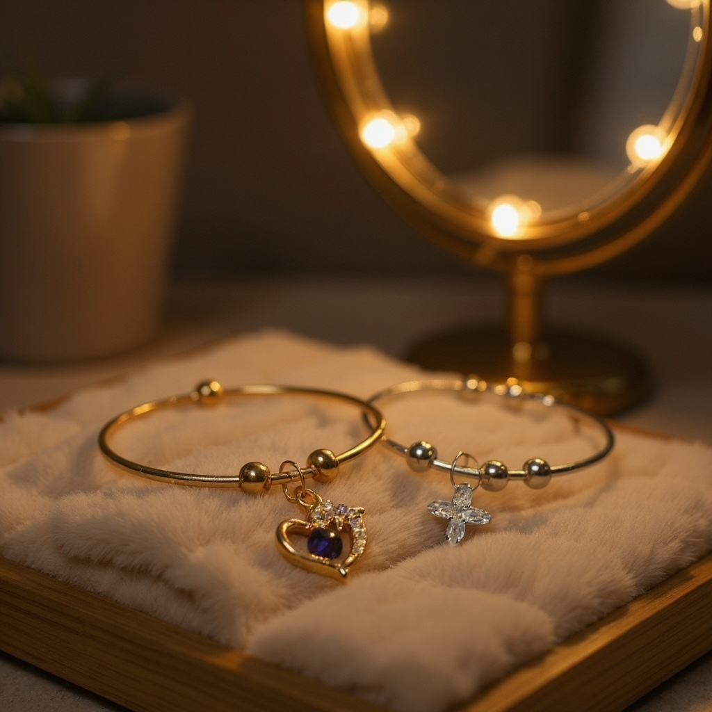 Two-Tone Heart and Cross Bangle Set