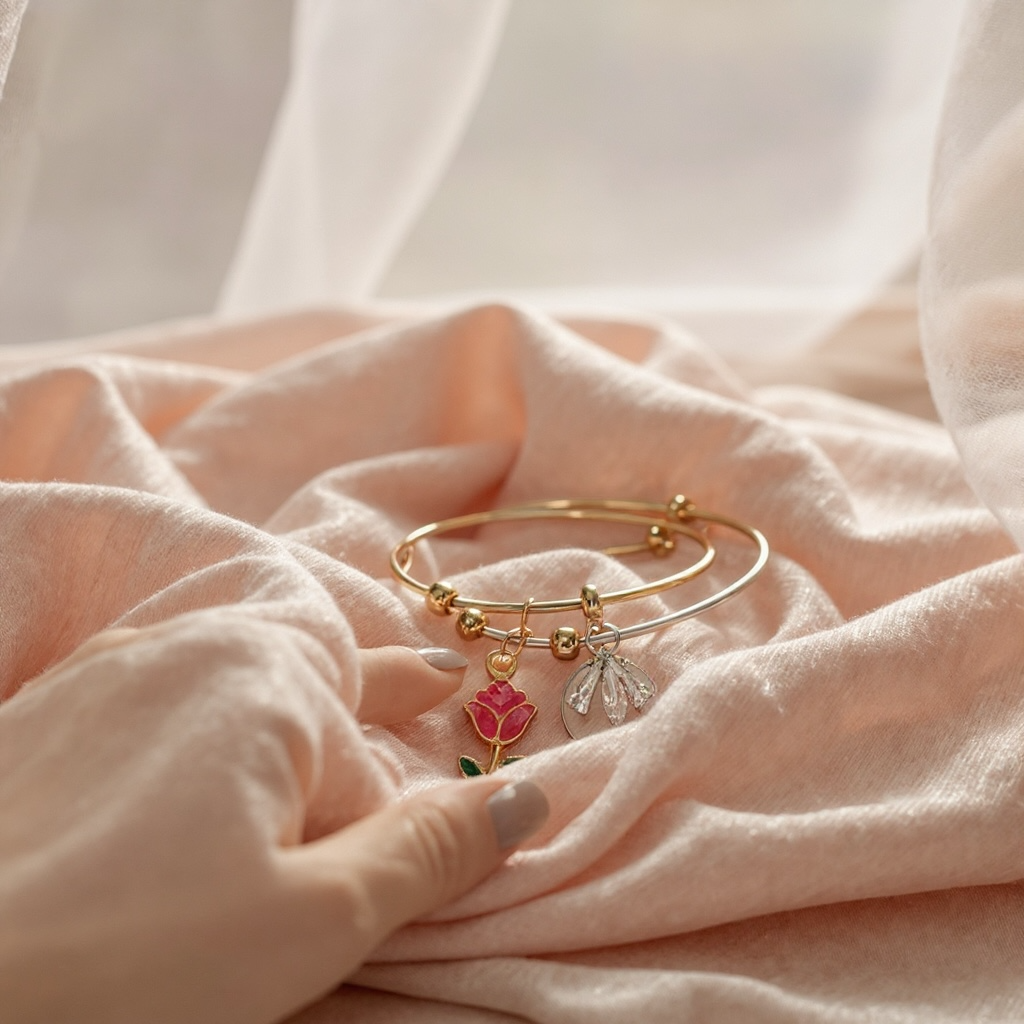 Two-Tone Rose and Leaf Bangle Set