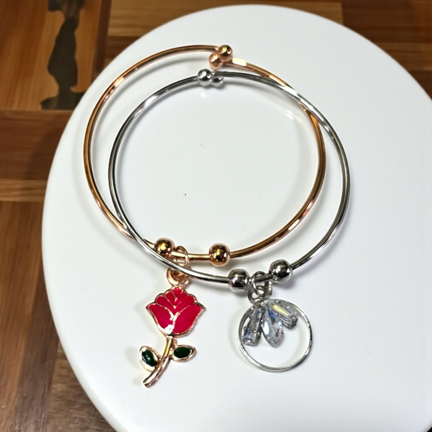 Two-Tone Rose and Leaf Bangle Set