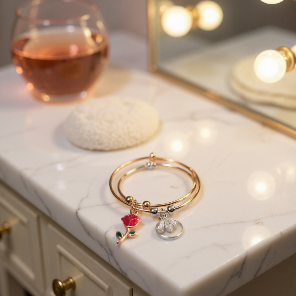 Two-Tone Rose and Leaf Bangle Set