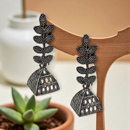 Rustic Oxidized Silver Leaf and Pyramid Dangle Earrings