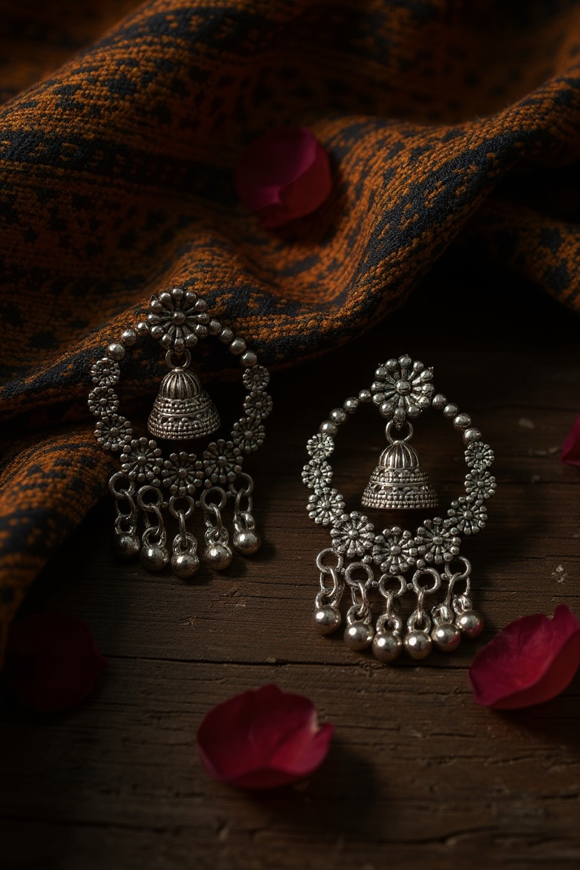 Traditional Indian Flower Ring and Bell Earrings