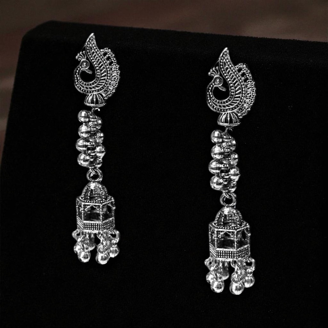 Long Ethnic Statement Earrings with Peacock Stud