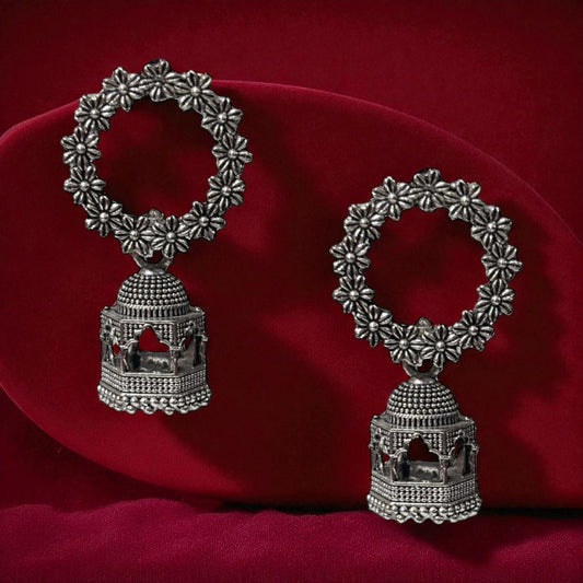 Traditional Temple Bell Dangle Earrings with Floral Hoop