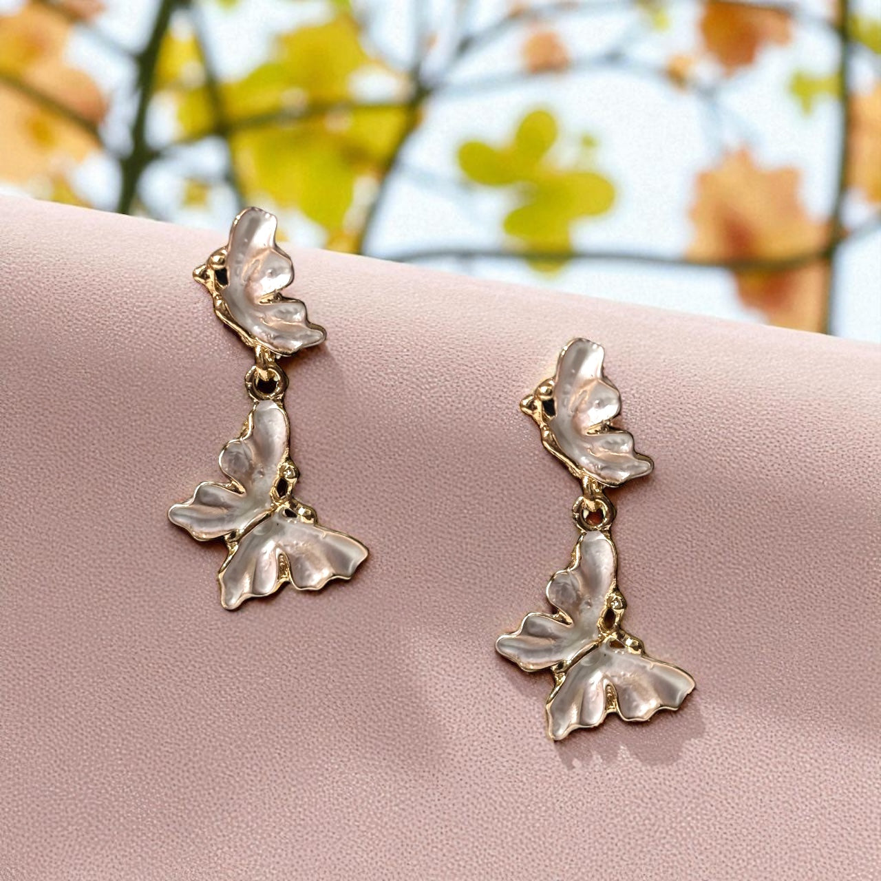 Elegant White Enamel Butterfly Dangle Earrings
