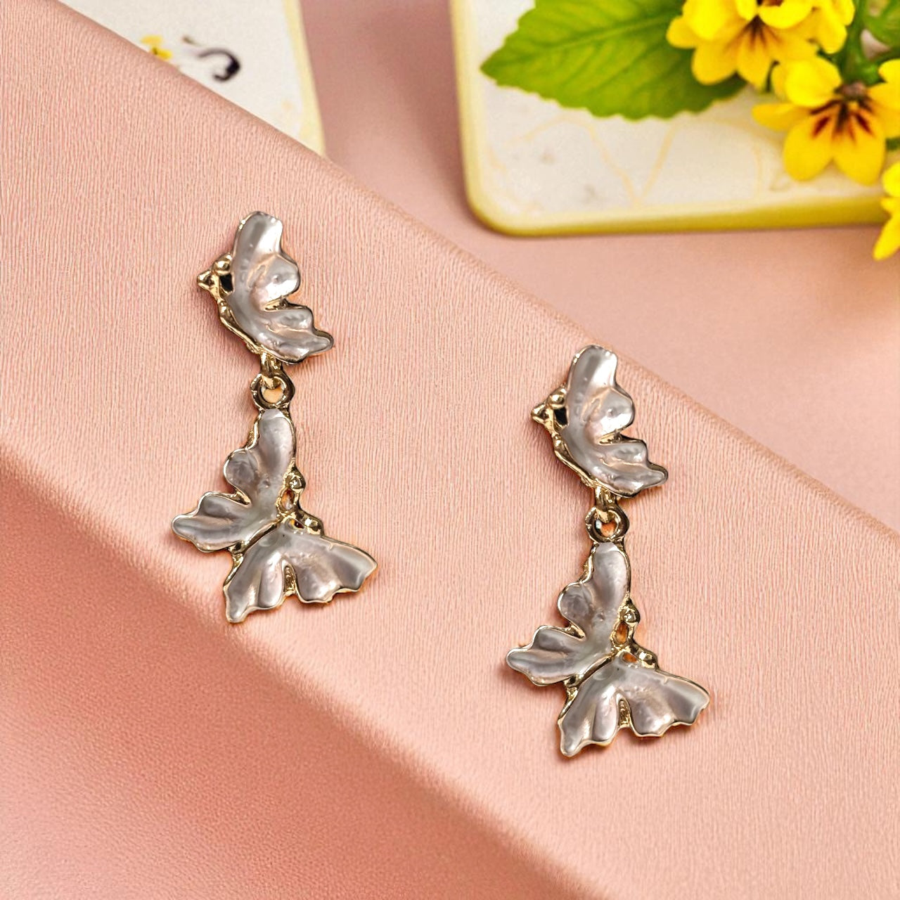 Elegant White Enamel Butterfly Dangle Earrings