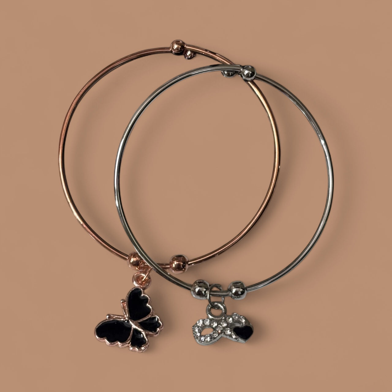 Duo Charm Bangle Bracelet Set: Butterfly & Infinity