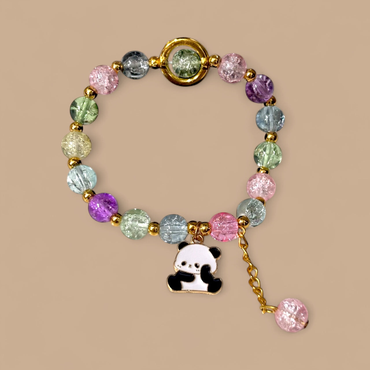 Pastel Crackle Bead Bracelet with Cute Panda Charm