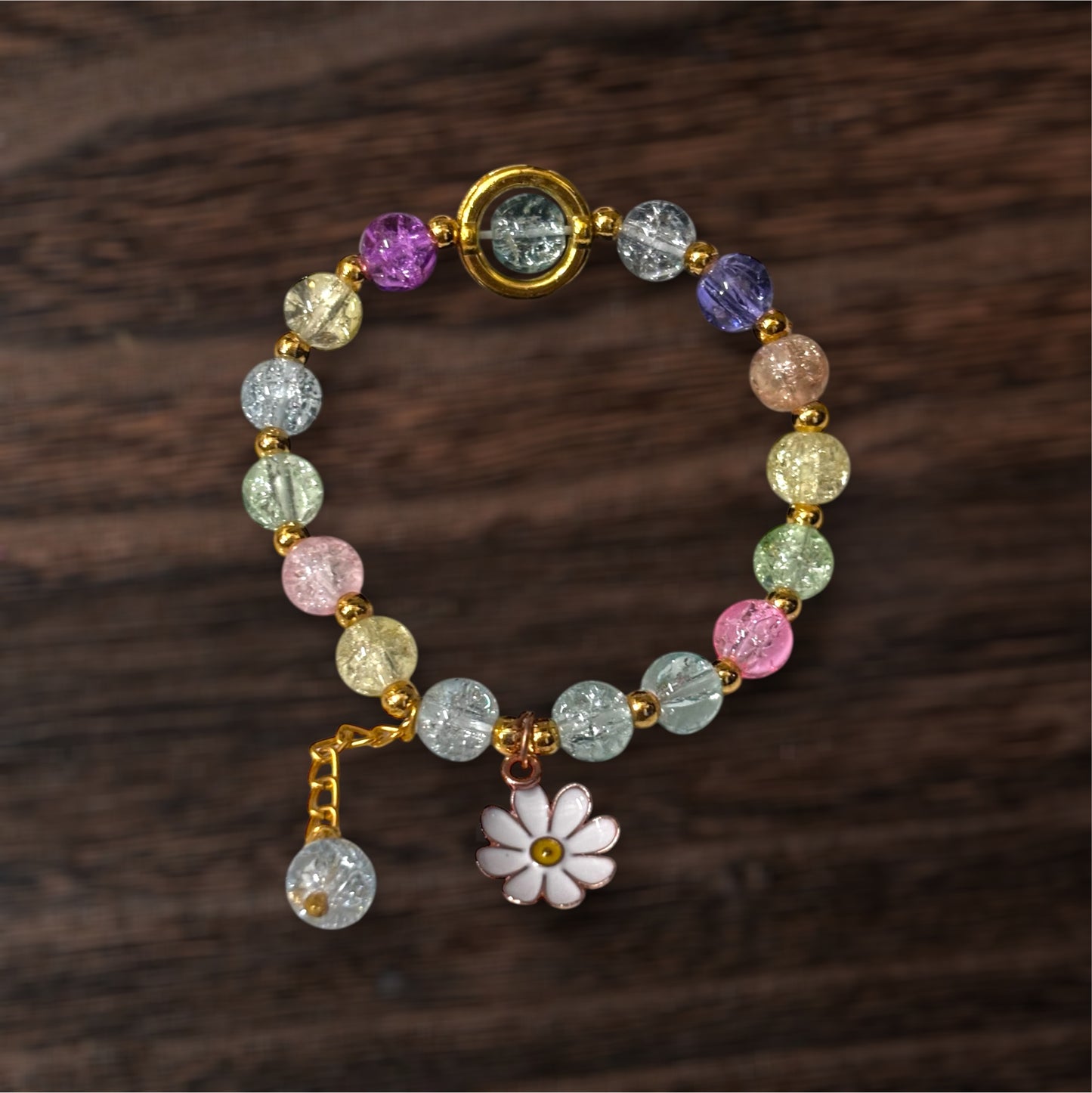 Cheerful Summer Daisy and Crystal Bead Bracelet