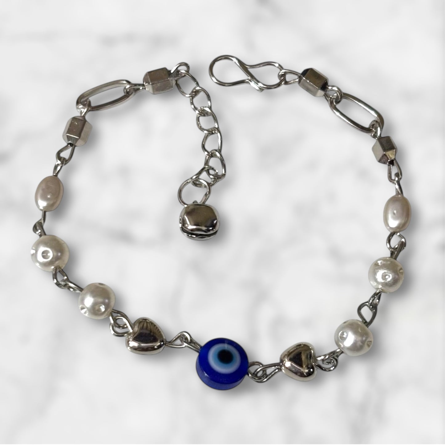 Delicate Freshwater Pearl and Evil Eye Link Bracelet