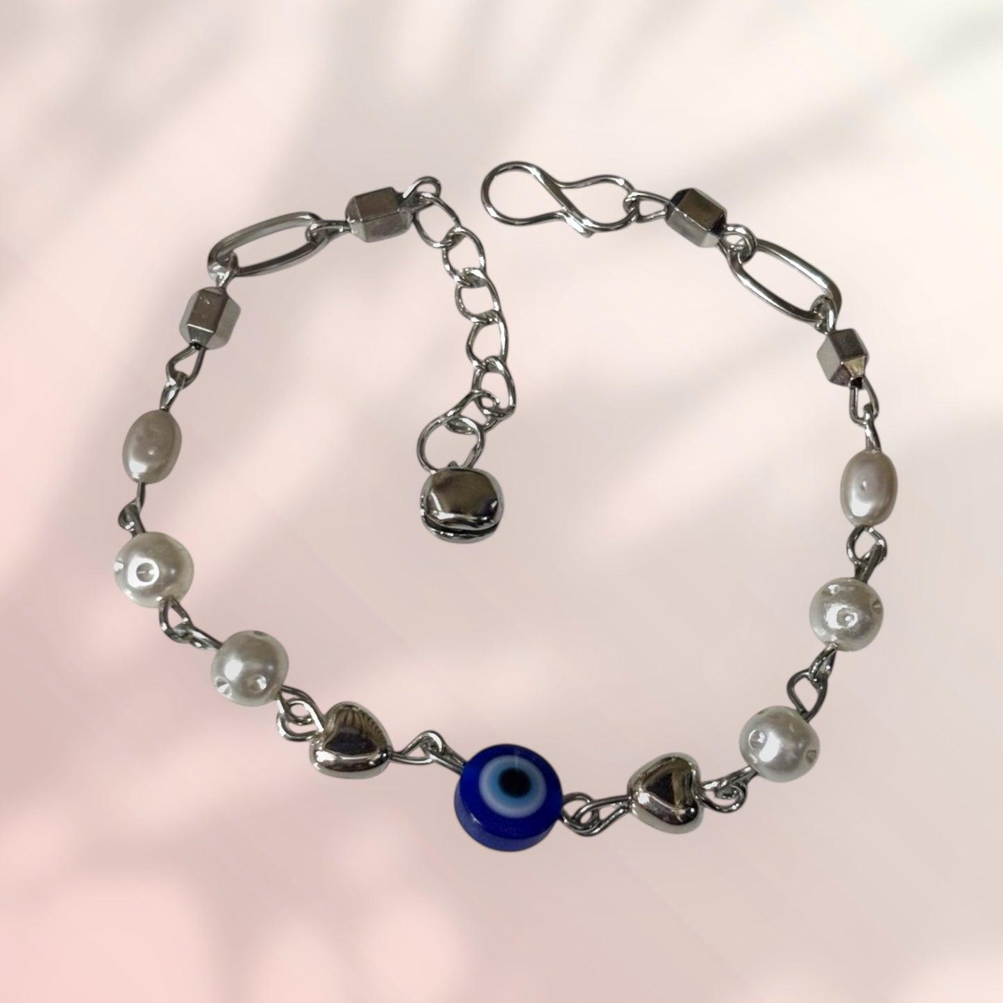Delicate Freshwater Pearl and Evil Eye Link Bracelet