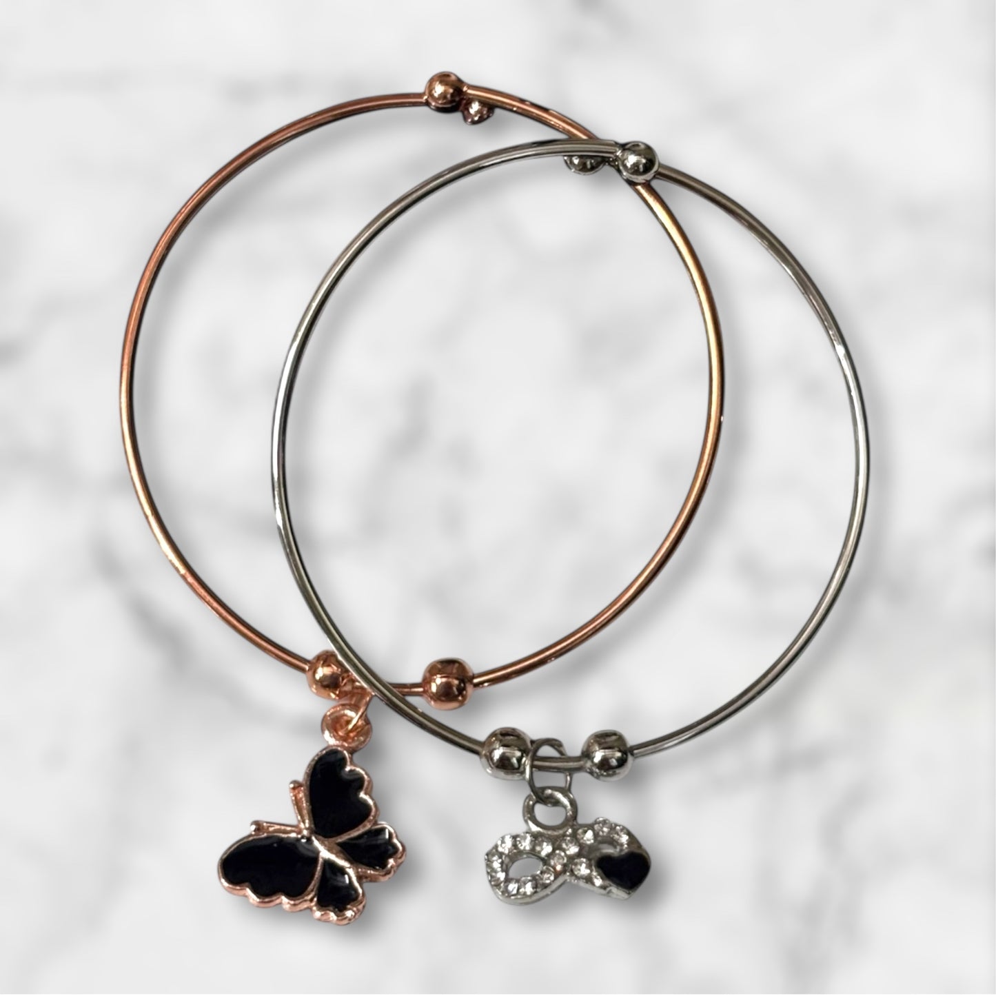 Duo Charm Bangle Bracelet Set: Butterfly & Infinity