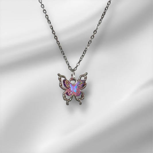 Pink Holographic Butterfly Pendant Necklace