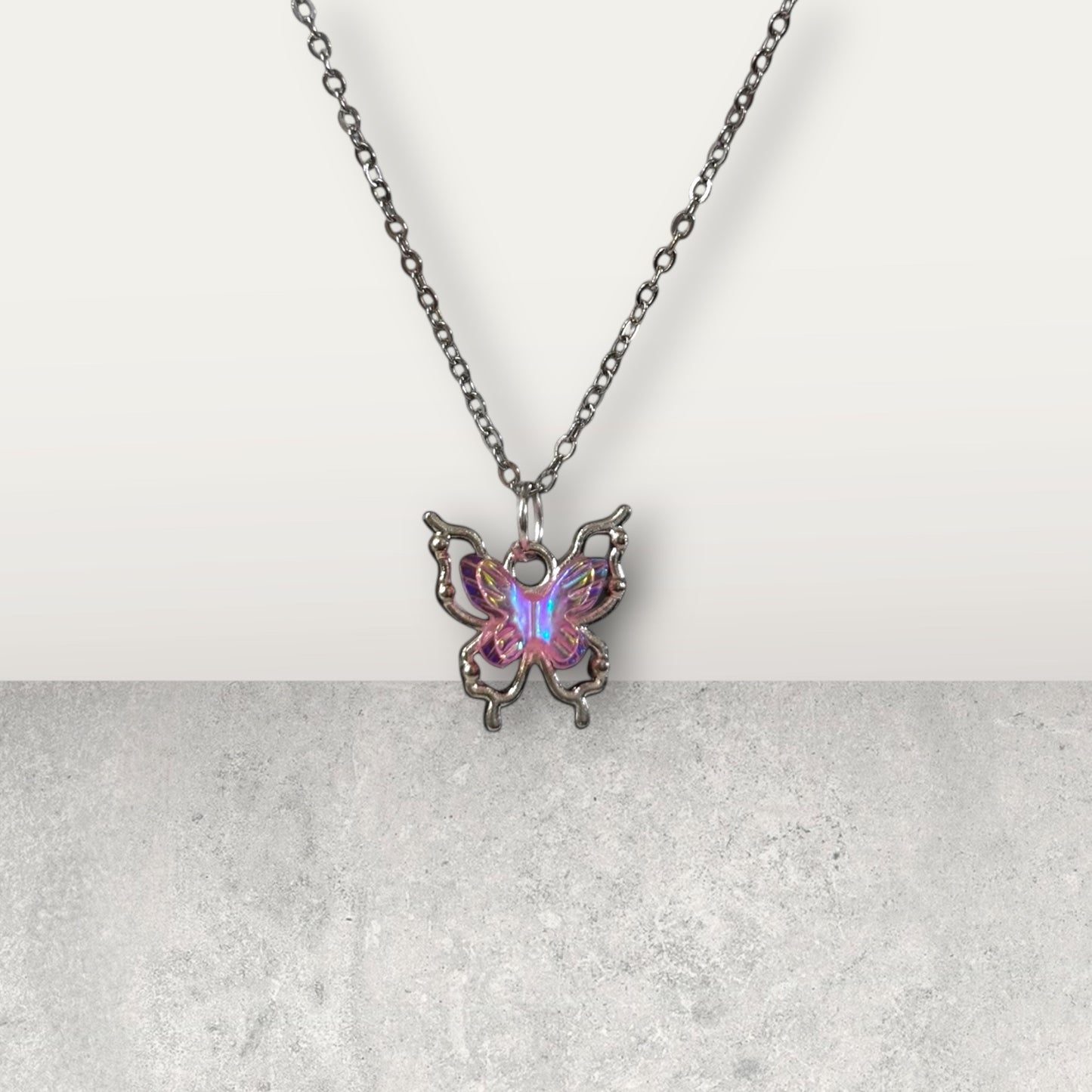 Pink Holographic Butterfly Pendant Necklace